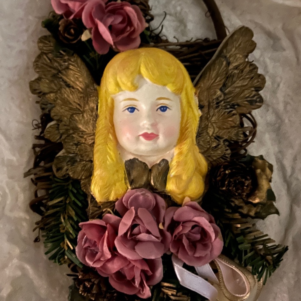 Vintage Farmhouse Grapevine Angel Wall Decor with Pink Roses